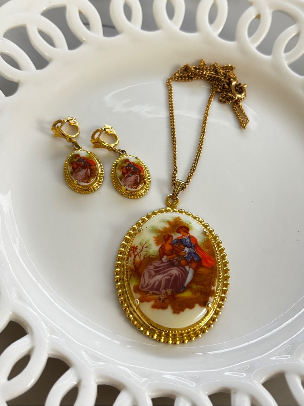 Vintage Gold-Tone Porcelain Courting Couple Portrait set